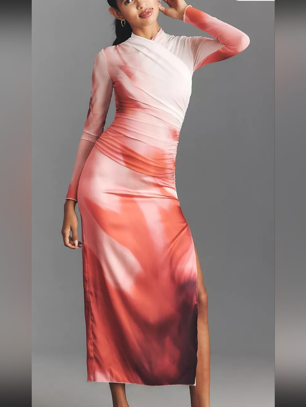 Long-Sleeve Pink Satin Midi Dress with Side Slit